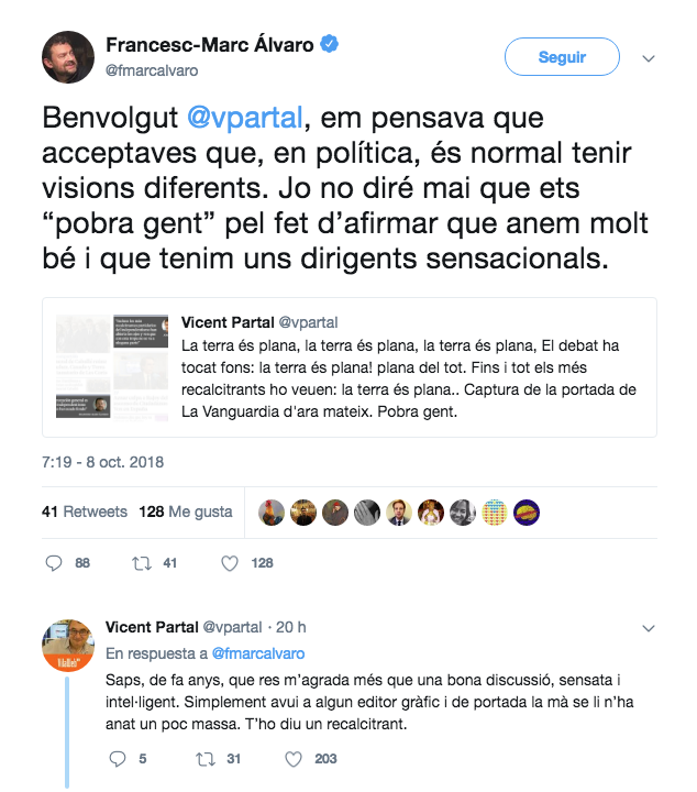 Tuits de Vicent Partal i Francesc-Marc Álvaro