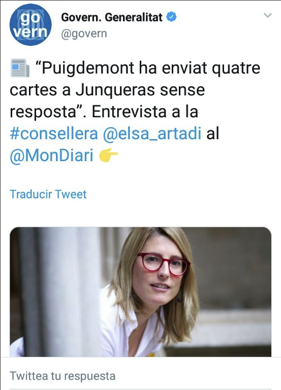 Tuit del govern sobre l'entrevista a Elsa Artadi