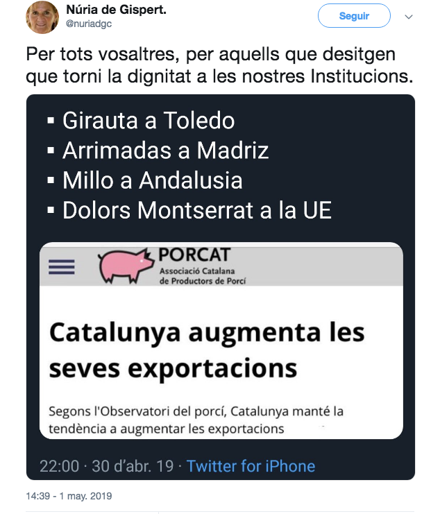El tuit de Núria de Gispert contra Arrimadas, Millo, Girauta y Montserrat