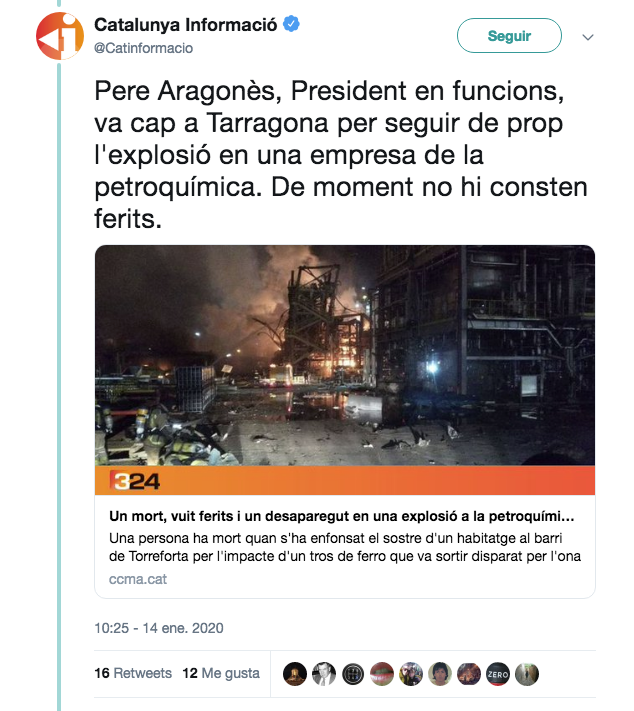 Catalunya Informació ha tratado a Pere Aragonés de "presidente en funciones"