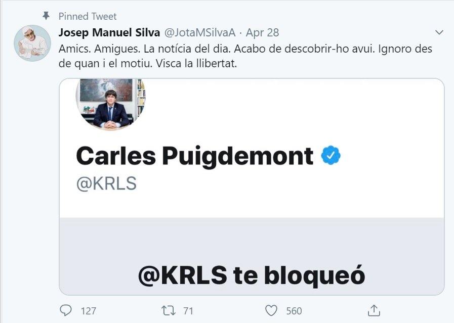 Missatge de bloqueig del perfil de twitter de Carles Puigdemont