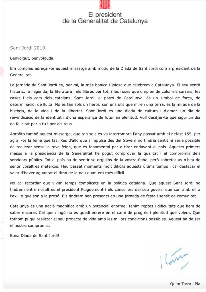 Carta de Quim Torra als funcionaris per Sant Jordi