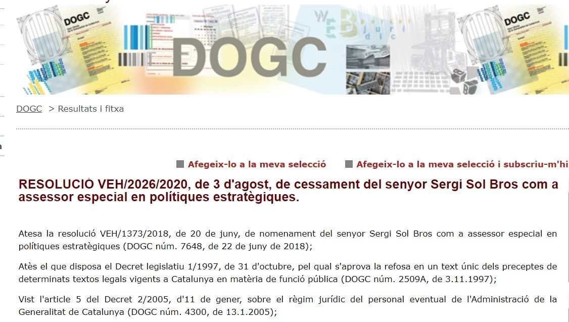 Anunci al DOG del cessament de Sergi Sol com assessor de Pere Aragonè