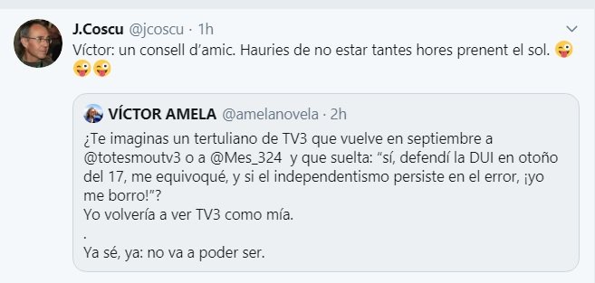 Tuit de Joan Coscubiela comentando un mensaje de Víctor Amela