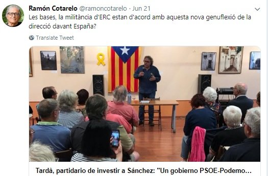 Missatge de Ramon Cotarelo contra Joan Tardà a twitter