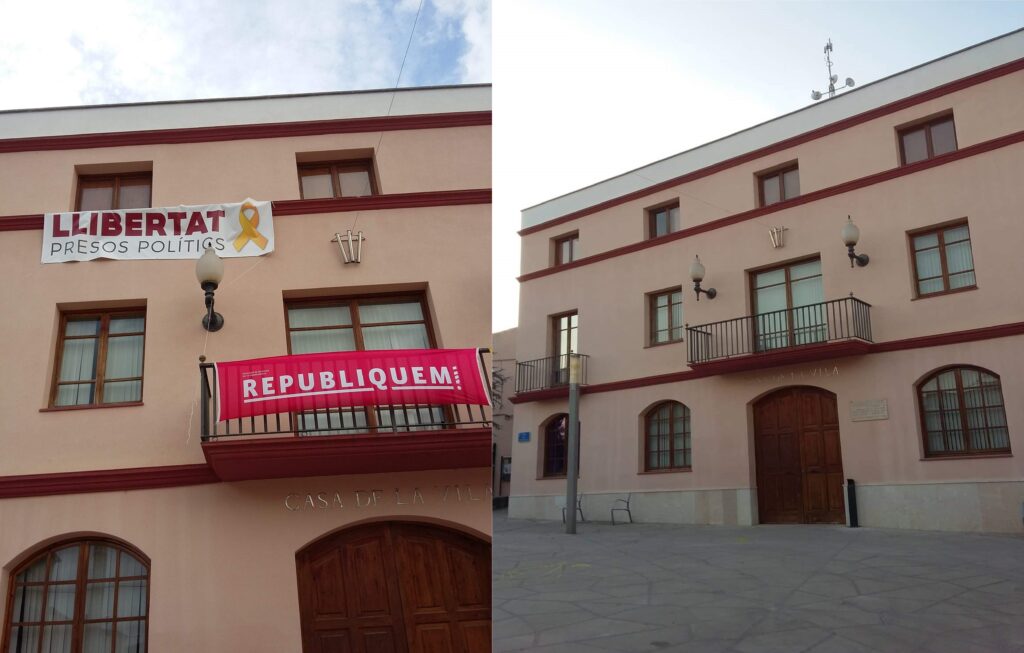 Ayuntamiento del Pla del Penedès, antes y después de quitar las panca
