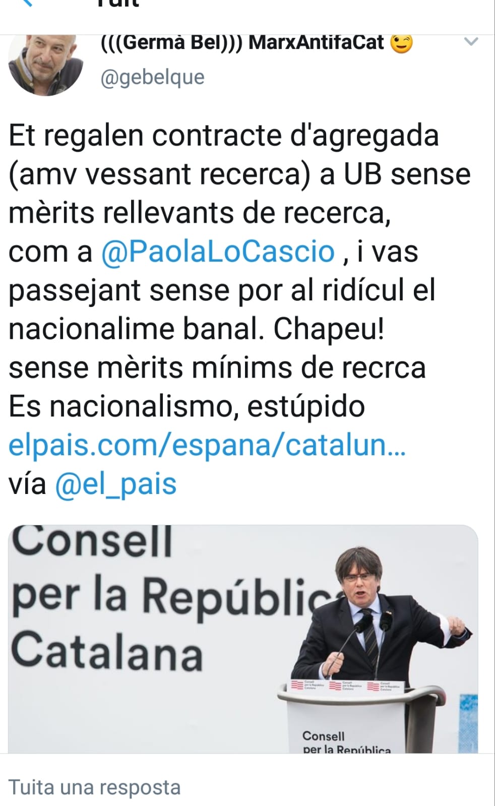 Mensaje de twitter de Germà Bel contra Paola Lo Cascio