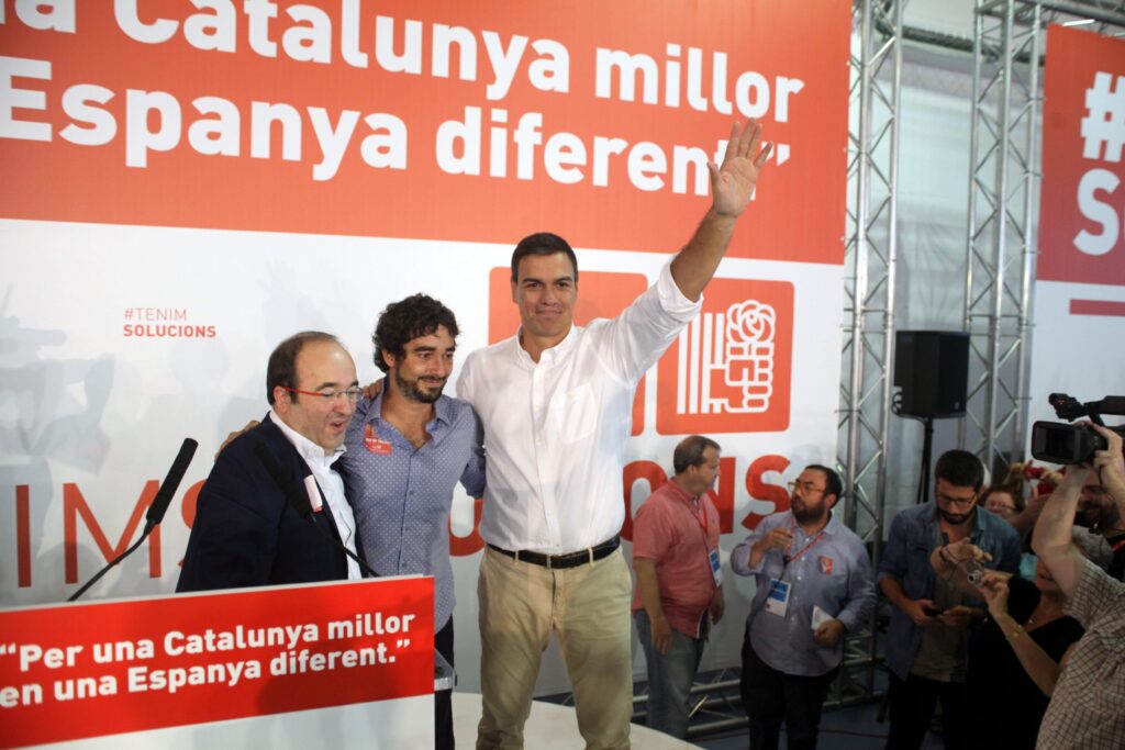 Miquel Iceta, Carles Castillo y Pedro Sánchez, en un acto del PSC