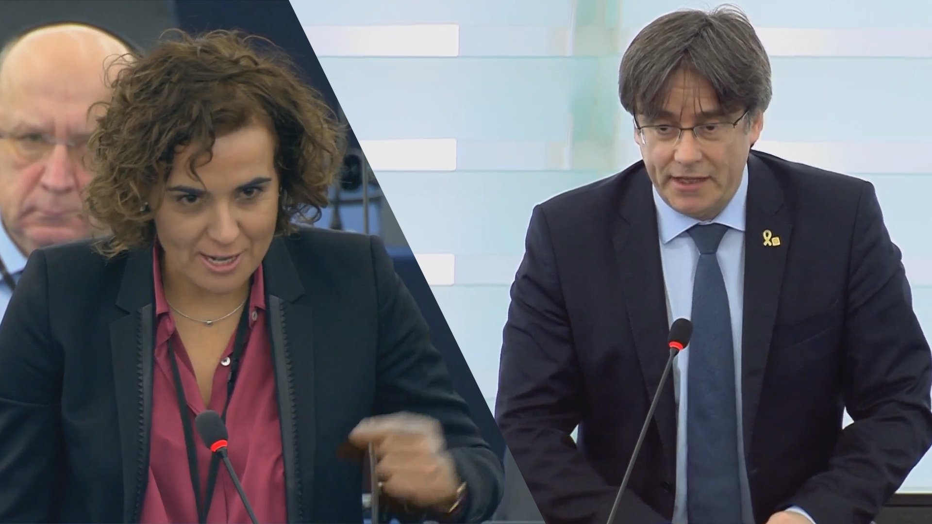 Dolors Montserrat y Carles Puigdemont durante el pleno de Estrasburgo