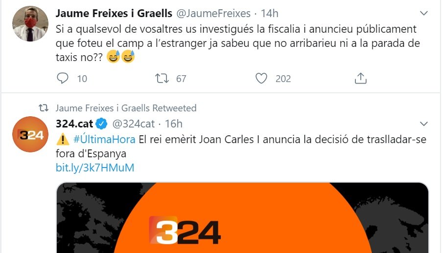 Tuit de Jaume Freixes opinando sobre el anuncio del rey emérito Juan Carl