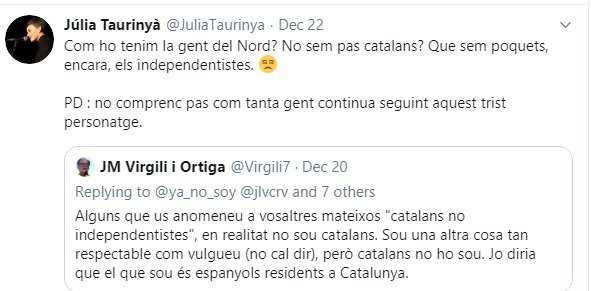 Tuit de Júlia Taurinyà criticant les tesis de Josep Maria Virgili