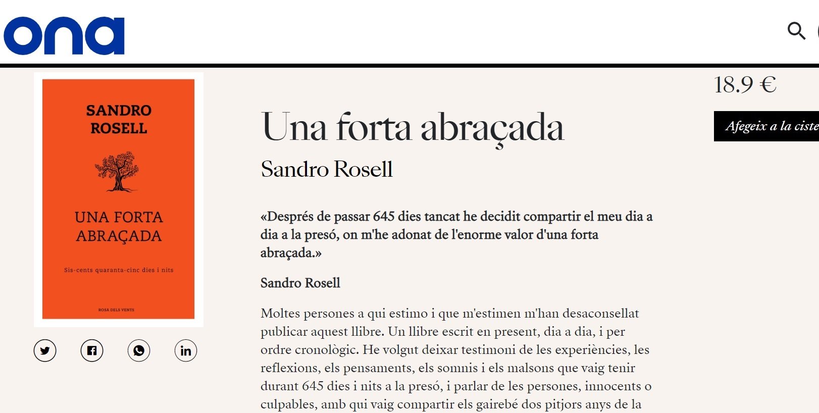 'Una forta abraçada', de Sandro Rosell, al catàleg d'Ona Llibres