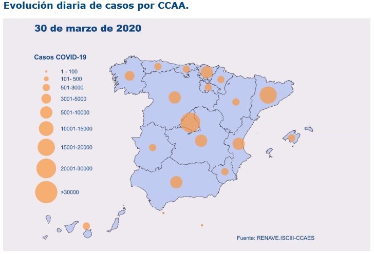 Mapa de casos por Comunidad Autónoma publicado por Sanidad