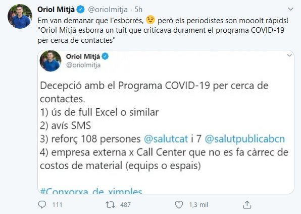 Tuit de Oriol Mitjà contra la estrategia de búsqueda de contactos