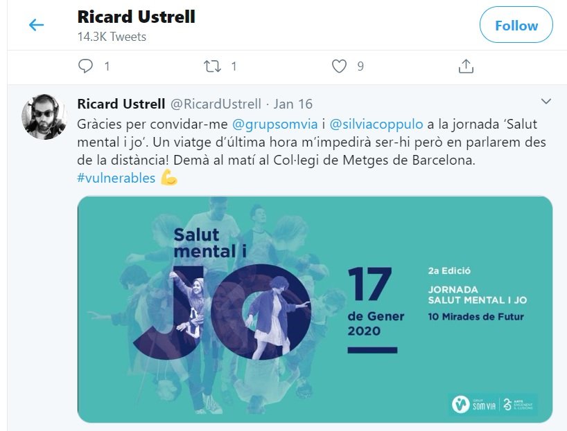 Mensaje de Ricard Ustrell en su twitter en enero de 2020