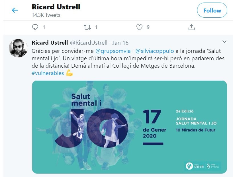 Missatge de Ricard Ustrell al seu twitter el gener de 2020