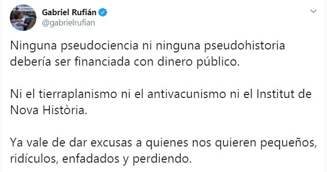 Piulada de Gabriel Rufián sobre l'Institut Nova Història