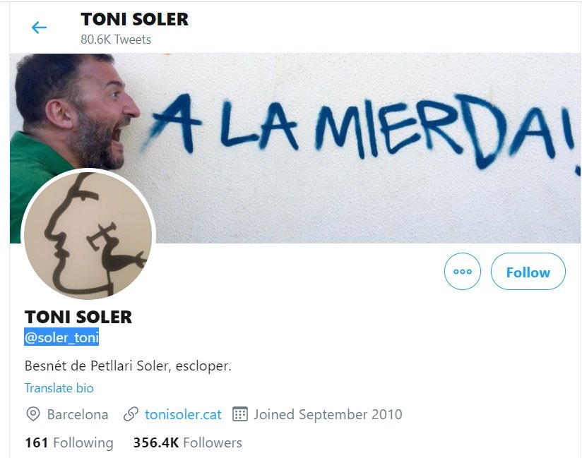 Perfil de Toni Soler en Twitter