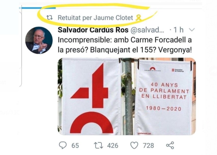 Tuit de Salvador Cardús reenviado por Jaume Clotet