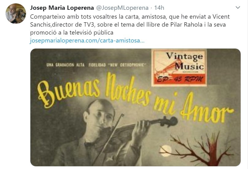 Tuit de Josep Maria Loperena amb la carta que ha enviat a Vicent Sanch