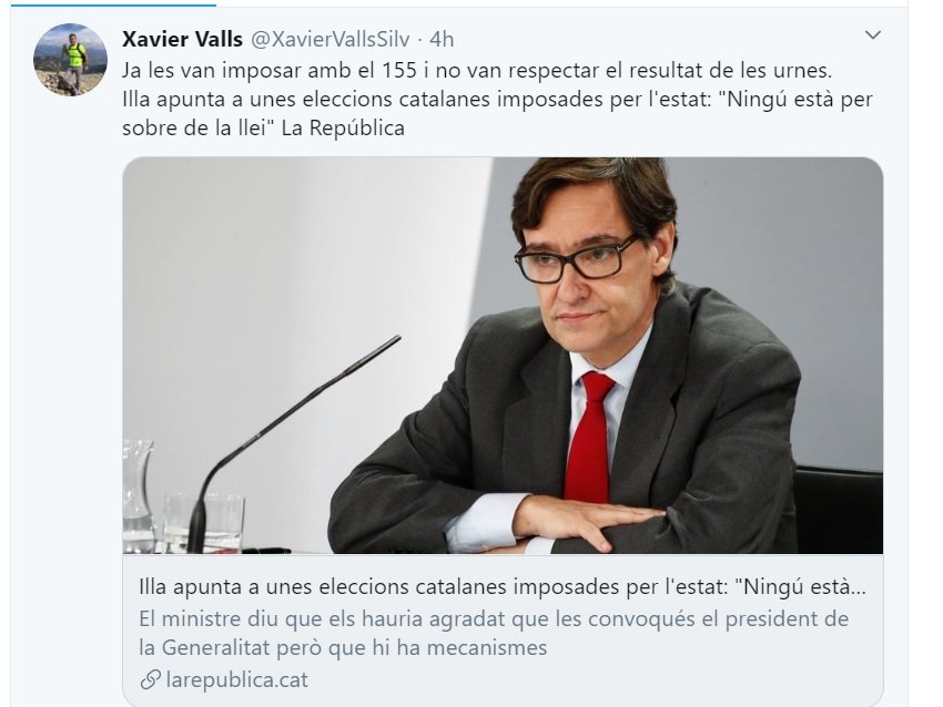 Tuit de Xavier Valls contra Salvador Illa que ha borrado y vuelto a