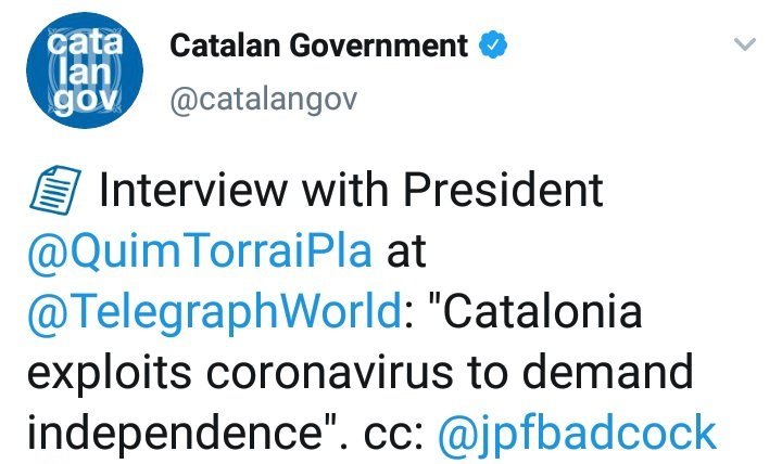Tuit sobre la entrevista de Torra en The Telegraph borrado por el gobierno catalán
