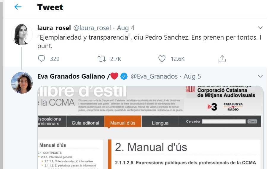 Mensaje de Laura Rosel en Twitter y respuesta de Eva Granados