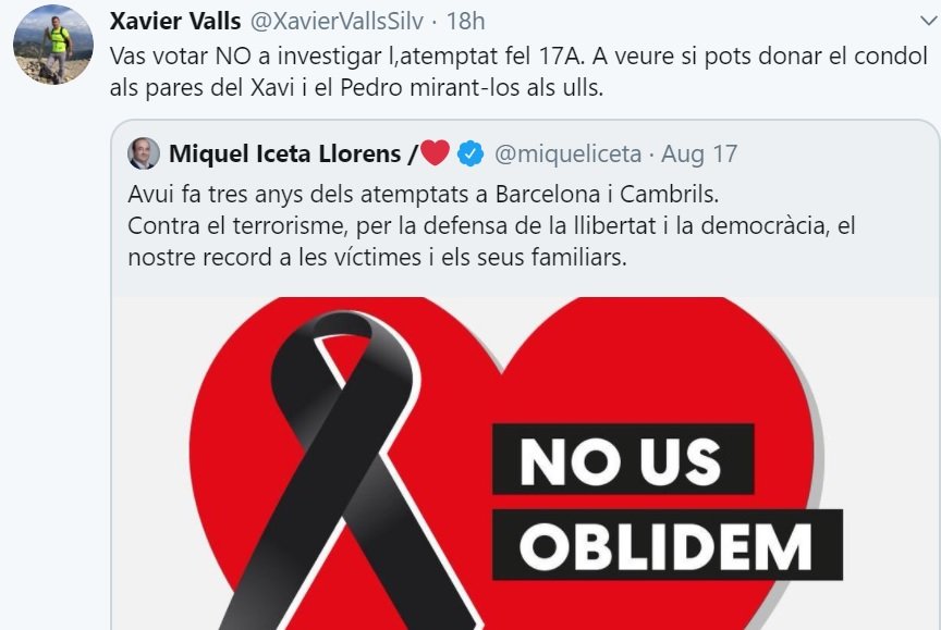 Mensaje en Twitter del periodista de TV3 Xavier Valls criticando a Miquel Iceta