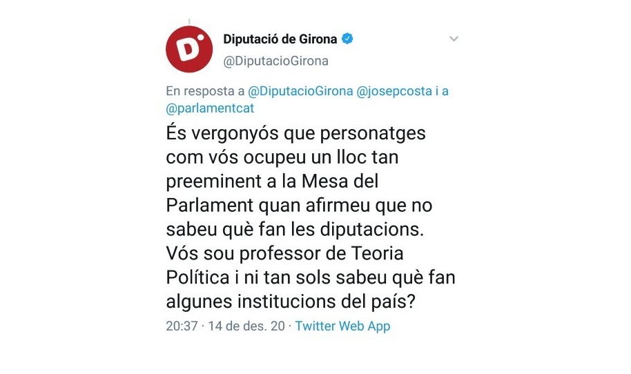 Tuit de la Diputación de Girona contra Josep Costa