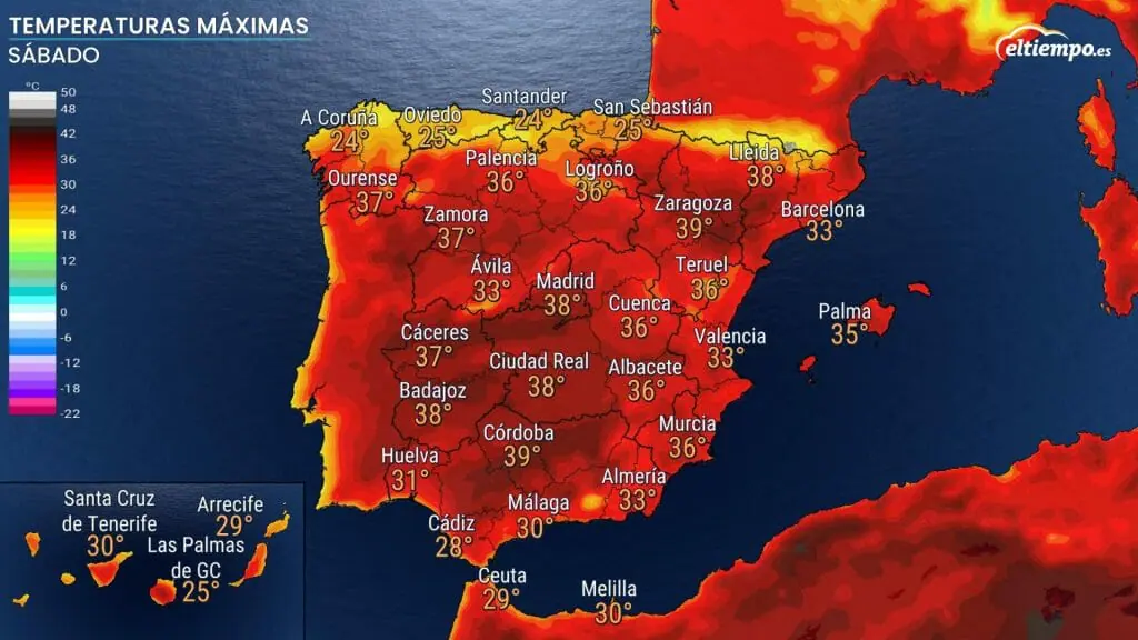 Temperatures màximes del dissabte 6 d'agost a Espanya (eltiempo.es)