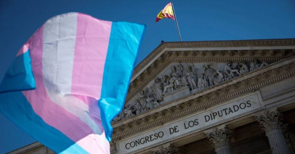 Bandera trans frente al Congreso de los Diputados (FELGTBI+)