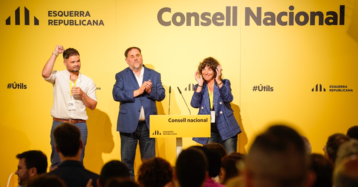 La consellera d'Acció Climàtica i Agricultura, Teresa Jordà, el diputat al Congrés Gabriel Rufián i el president d'ERC Oriol Junqueras (Gerard Magrinyà, Esquerra Republicana de Catalunya)