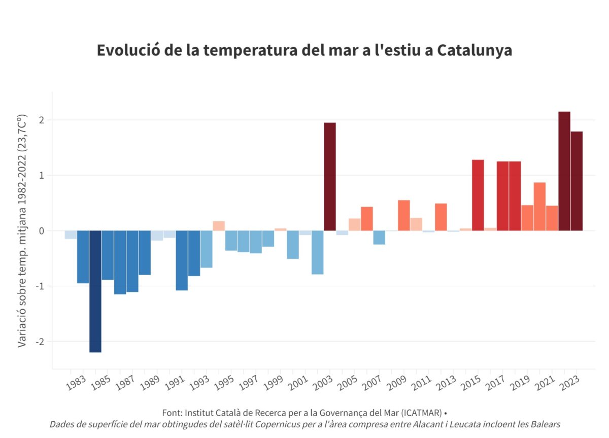 Visualización de la evolución de la temperatura del mar en el área de Cataluña, País Valenciano e Islas Baleares en los últimos 40 años (Pau Cortina, ACN)