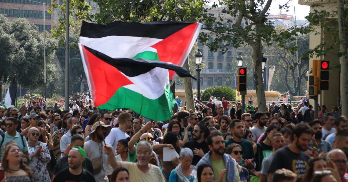 Centenars de persones s'han mobilitzat pel centre de Barcelona en defensa de Palestina (Bernat Vilaró, ACN)