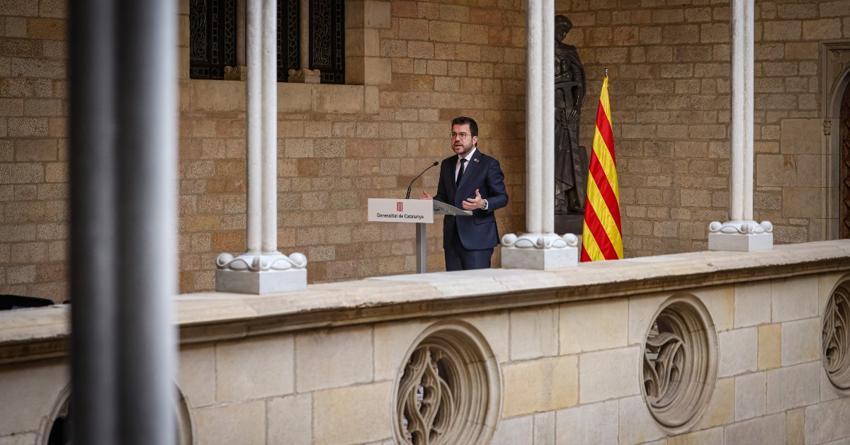El president de la Generalitat, Pere Aragonès, en roda de premsa després de reunir-se amb el president espanyol, Pedro Sánchez (Jordi Borràs, ACN)