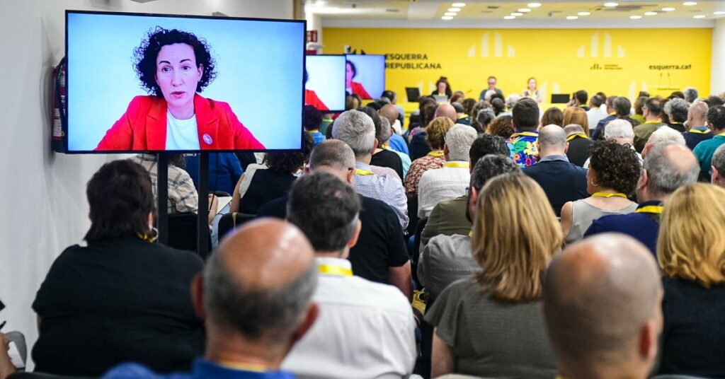 La secretària general d'ERC, Marta Rovira, intervenint a la reunió del Consell Nacional dels republicans per videoconferència (Marc Puig, ERC)