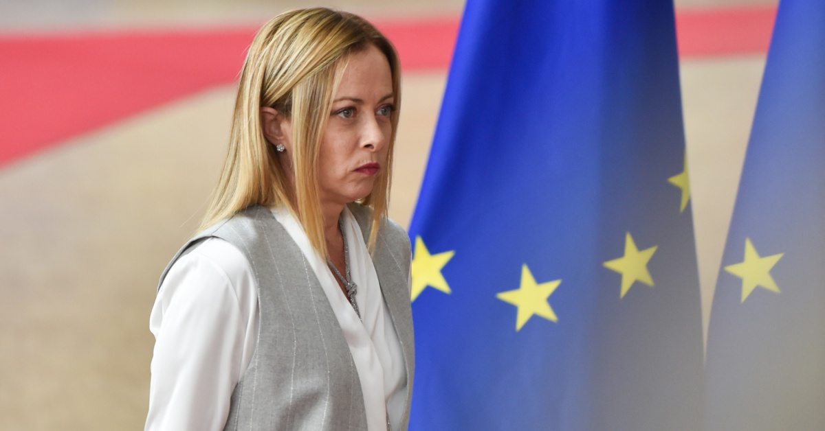 La primera ministra d'Itàlia, Giorgia Meloni, a la seva arribada al Consell Europeu d'octubre (Unió Europea)