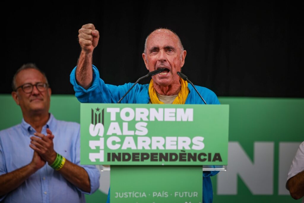 El presidente de la ANC, Lluís Llach, interviniendo en el acto político que cierra la manifestación en Barcelona de las entidades independentistas por la Diada (Jordi Borràs, ACN)
