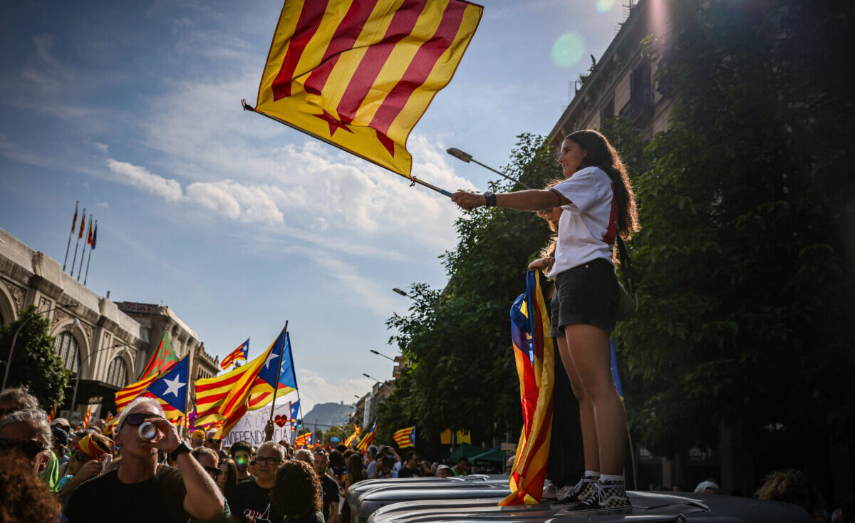 Una joven sostiene una estelada durante la movilización independentista de la Diada de 2024 (ACN)