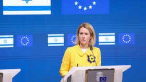La alta representante para la política exterior de la UE, Kaja Kallas, durante la rueda de prensa posterior al último consejo de asociación entre Israel y la Unión Europea (UE)