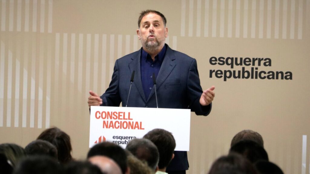 El presidente de ERC, Oriol Junqueras, interviene al inicio del Consell Nacional de la formación, este sábado (Pau Cortina, ACN)