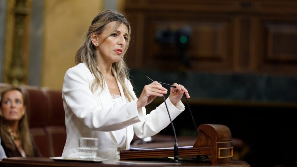 La vicepresidenta i diputada de Sumar, Yolanda Díaz, intervé en la compareixença de Sánchez pel 'cas Cerdán' (Congrés dels Diputats)