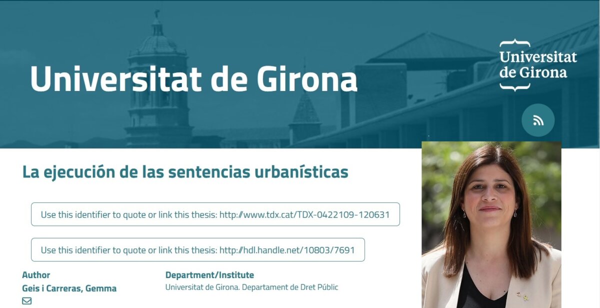 Tesi doctoral de Gemma Geis a la Universitat de Girona i el seu retrat oficial quan era consellera