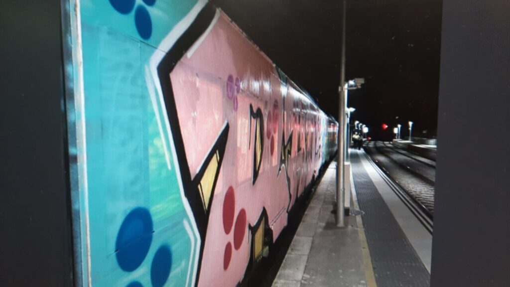 El tren de la línea R3 detenido en Balenyà, completamente cubierto de grafitis (Renfe)