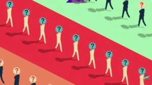 Il·lustració amb figures humanes amb signes de pregunta a les cares.