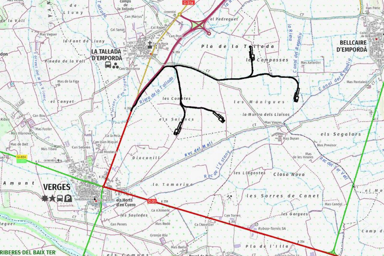 Mapa on se situarien els aerogeneradors, entre la Tallada, Verges i Bellcaire d'Empordà (ACN)