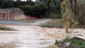 El aumento del caudal inunda un paso hacia el río Manol en el Pont del Príncep (Marina López, ACN)