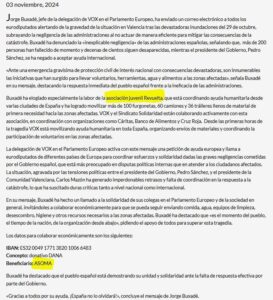 Carta de Jorge Buxadé sobre donacions per la DANA