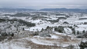 Conca de Barberà nevada, des del coll de Belltall, a la C-14 (Eloi Tost, ACN)