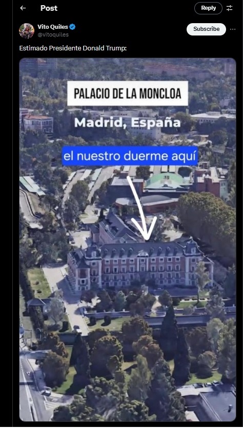 ‘Post’ de Vito Quiles demanant que bombardegin La Moncloa i segrestin a Pedro Sánchez